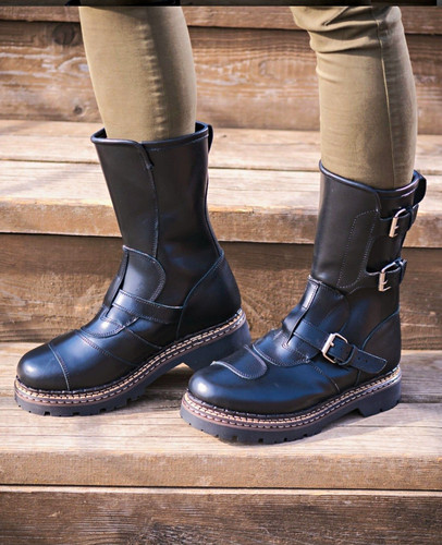Black leather biker boots - leather, hand